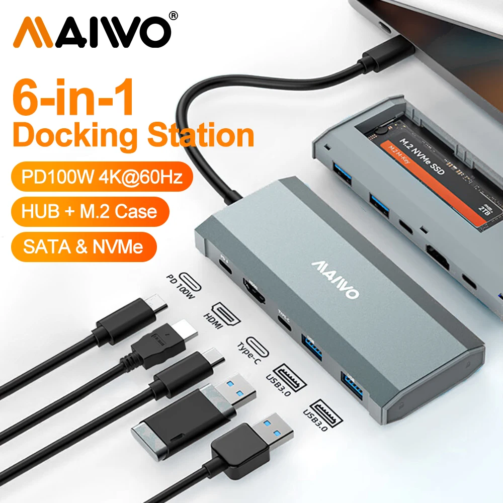 

MAIWO M.2 Hard Drive Enclosure Expansion Dock NVME/SATA Dual Protocol Docking station 6 in 1 Hub Type-C To M.2 Case For Laptop