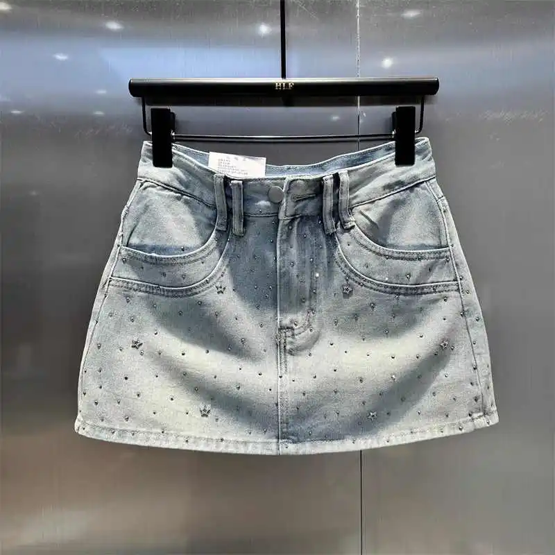 Summer Rhinestone A-line Denim Skirt for Women Star Pattern