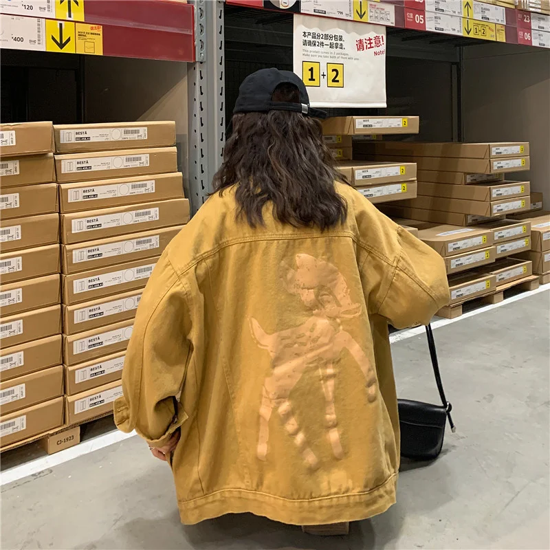 

Spring 2023 New Korean-style Loose-fitting Deer Jeans Jacket For Women With Leopard Print Collar And Long-sleeved Cardigan