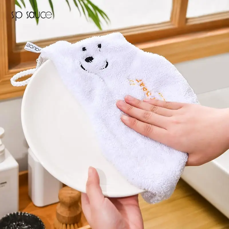 Microfiber Hand Towel Absorbent Cloth Coral Velvet Bathroom Dishcloths Hanging Cloth Cute Bear Rag Wipe Cleaning