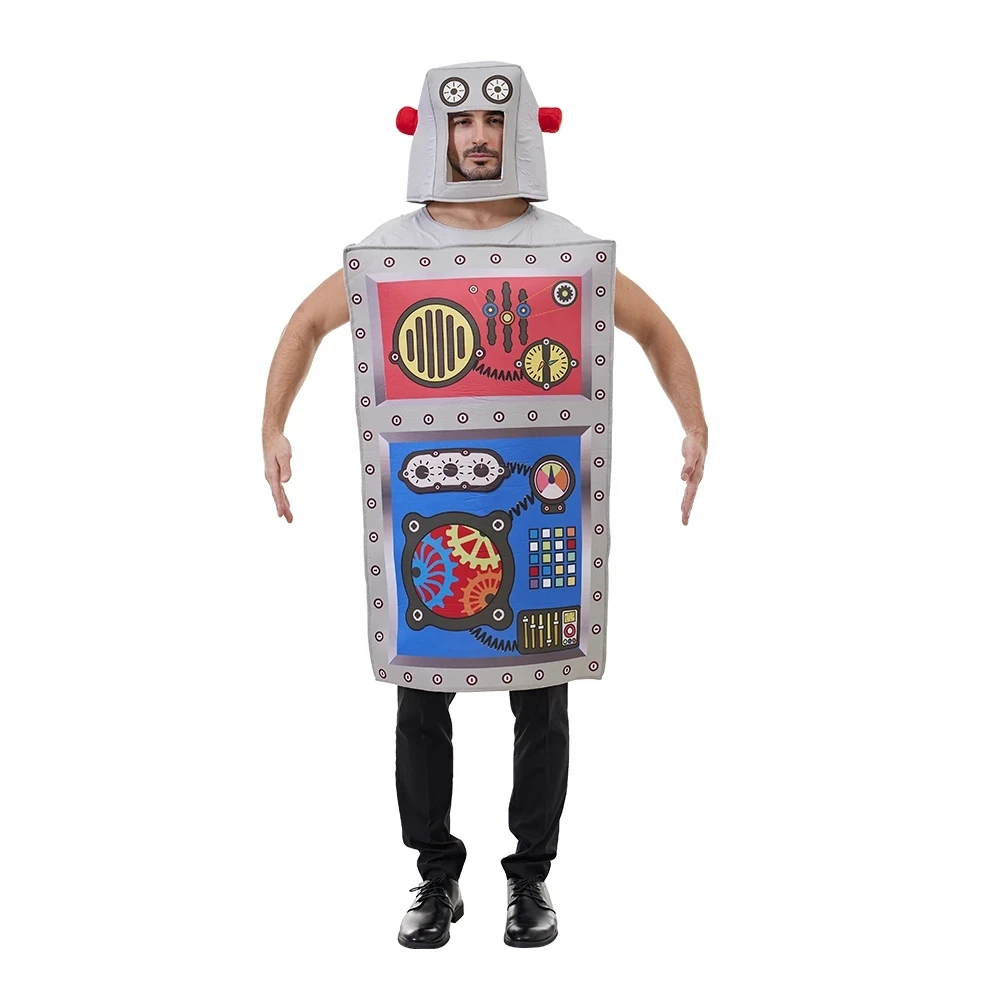 

Funny Adult Robot Costume Halloween Unisex Sponge Jumpsuit With Hat Carnival Party Stage Performance Fancy Dress