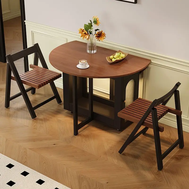 Round Solid Wood Foldable Dining Table French Style Small Space Friendly Home Use Multi-Functional Movable Extendable