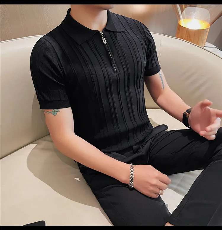 Summer Striped Knitted Polo Shirt for Men Short Sleeve Lapel Knitwear Male Casual Business POLO T-shirts Social Streetwear Tee 14 Sfb0f8dc0f1504f9d99c5342bb5c1470b5