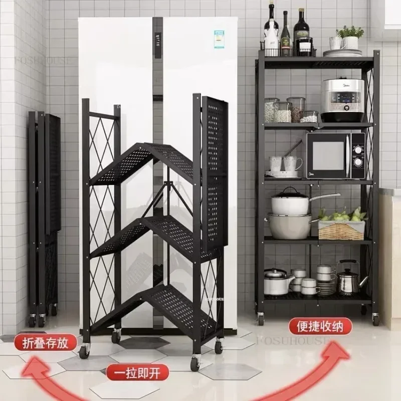 Nordic Multi-layer Kitchen Pan Microwave Storage Rack iron Kitchen Cabinets Folding Storage Rack Home Bathroom Mobile GM