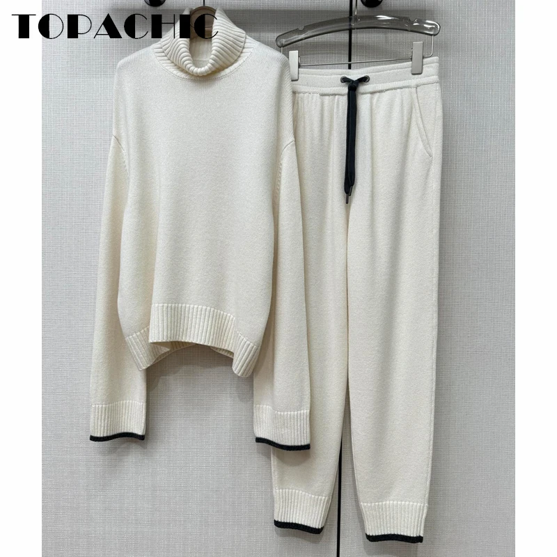 

12.12 TOPACHIC Women's High Quality 2 Piece Set Solid Color Turtleneck Cashmere Knitted Sweater Drawstring Sweatpants