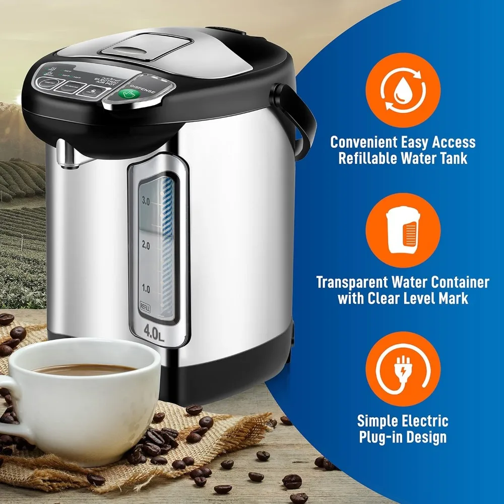 Electric Water Boiler and Warmer-4L Stainless Steel Hot Water Dispenser w/ Rotating Base, Auto Shut Off, Safety Lock,Household