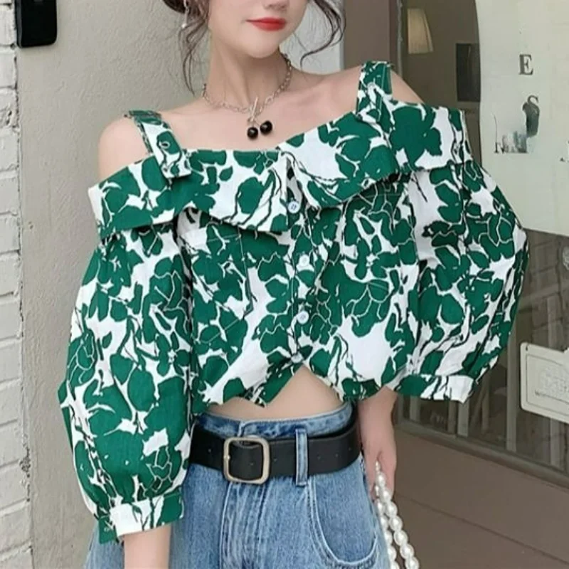 

Vintage French Slash Neck Sexy Off-shoulder Shirts Summer New Korean Fashion Style Blouses Single-breasted Short Sleeve Shirts