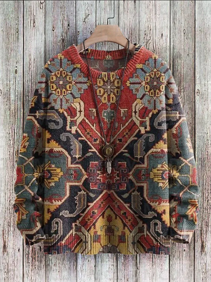 Vintage Pattern Print Knit Pullover Sweater Women For Men Sweater