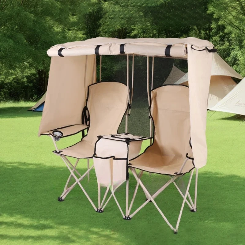 Outdoor Camping Folding Chair with Sunshade Fishing Beach Director Chair Double Seat