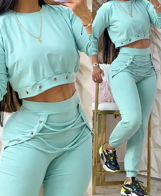 Women Fashion Two Piece Sets Autumn 2023 New Eyelet Sweatshirt Long Sleeve Crop Top & Lace-Up Cuffed High Waist Sweatpants Set kkmoon 100 sets 10mm 3 8 inch grommet kit silver sewing eyelet kit with installation tools hole puncher storage box for leather fabric bag 3 8 inches inside diameter