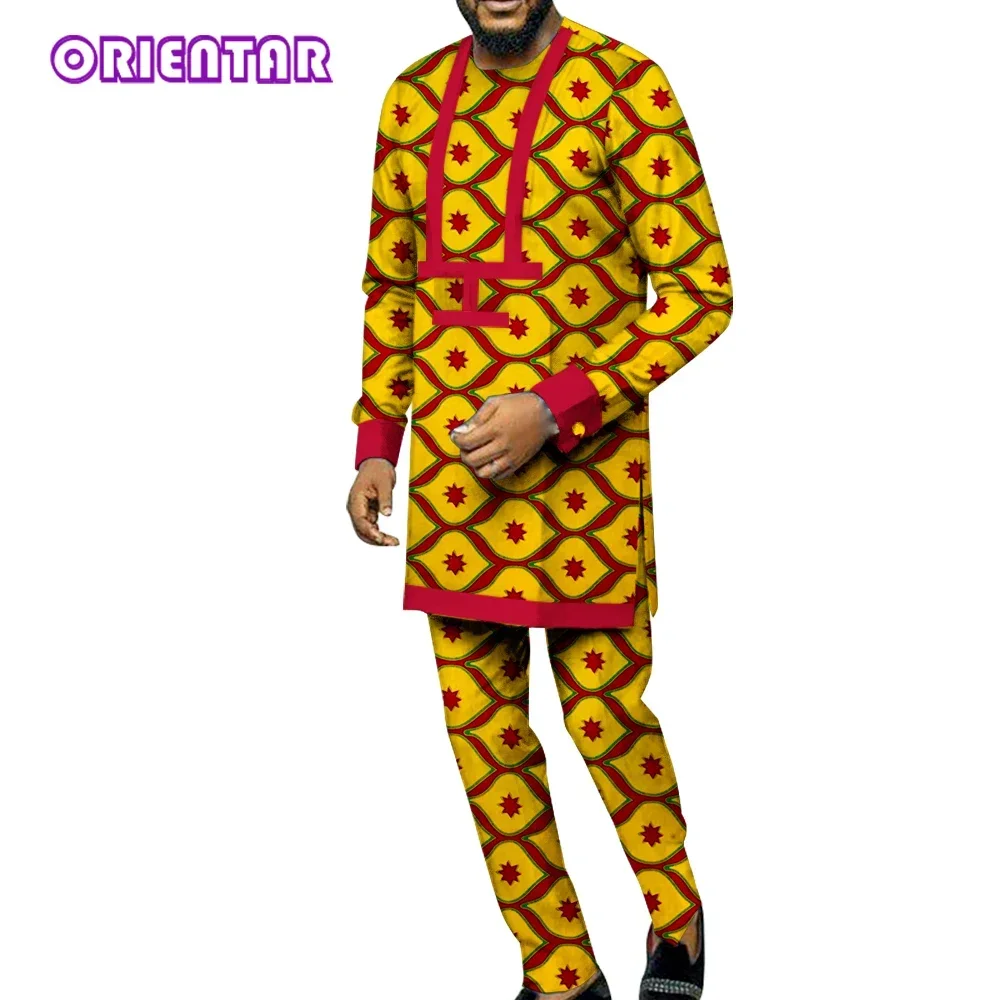 2 Pieces Set Men African Clothes Long Sleeve Print Shirt and Pants African Outfits Set Dashiki Bazin Riche Men Suits WYN991