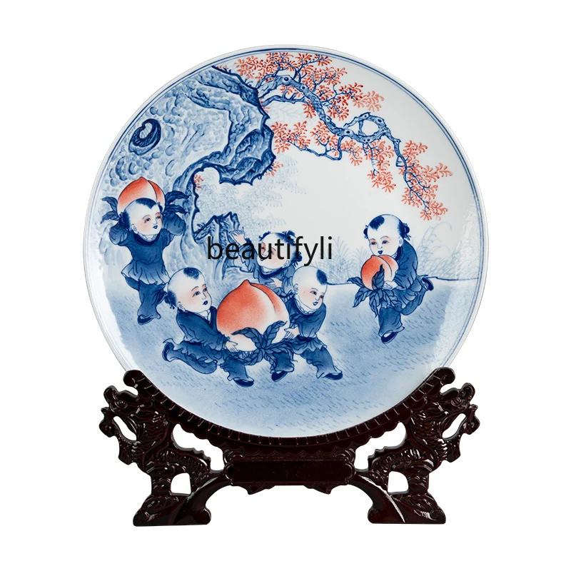 

Ceramic Hanging Dish Wall-Plate Blue and White Porcelain Dish Bracket Decorative Plate Living Room Hallway Decoration Ornaments
