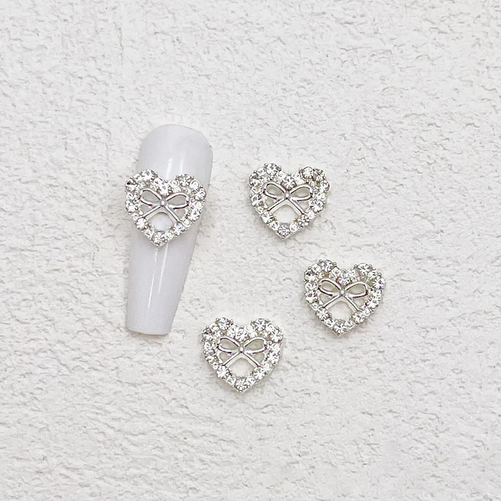 10 Stücke Bogen Herz Nagel Charms mit Diamant Hohl Liebe Herz Nagel Dekoration Charme Rosa Silber Luxus Bowknot Maniküre Teile – Detail 4