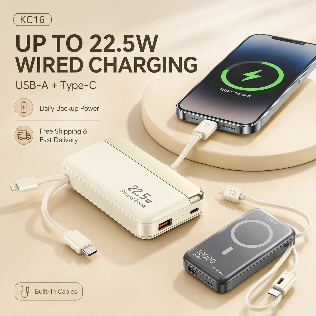 Power Bank da 10000mAh 22.5W con Cavi USB-C e 8-Pin Integrati, Caricabatterie Compatto per Telefono, Versione Aggiornata con Ricarica Wireless Magnetica - Image 5
