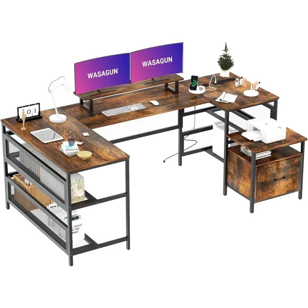 

OEING WASAGUN U Shaped Desk with File Drawer, 82.6" U Shaped Desk, Computer Desk with Power Outlet, Home Office Desk