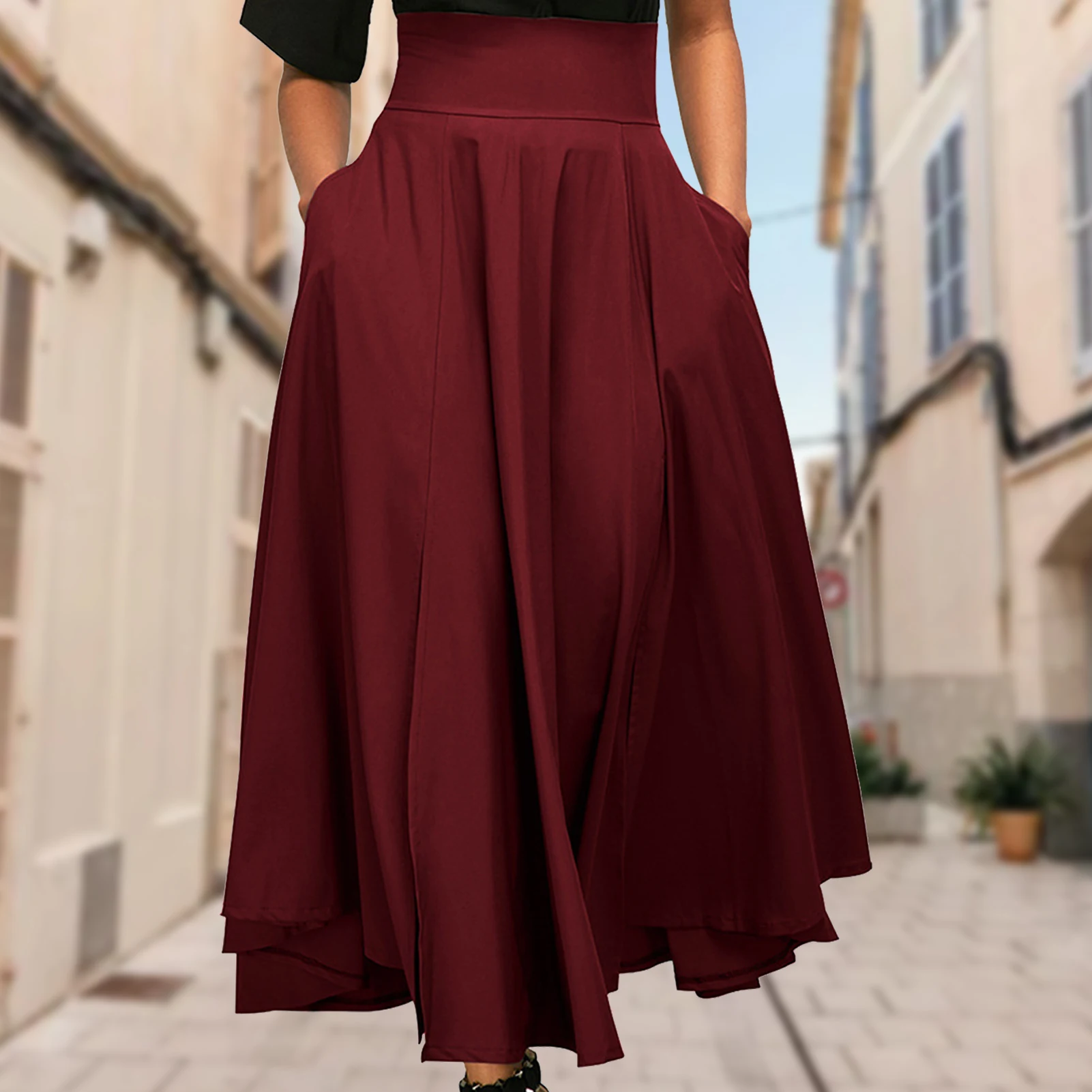 

Slimming Elegant Long Length Skirts with Pockets High Waist Solid Color Slit Wrap Skirt Women Elastic Summer Travel