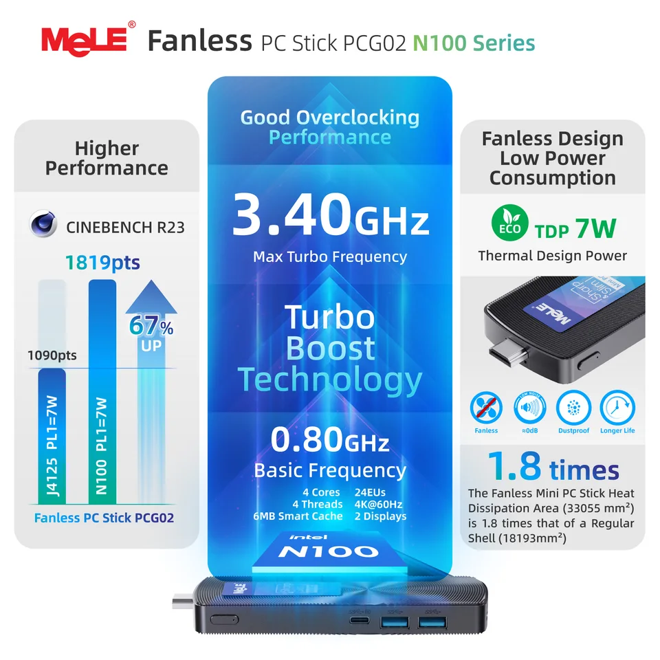 MeLE PCG02 Fanless Mini PC Stick N100 8GB 128GB Micro