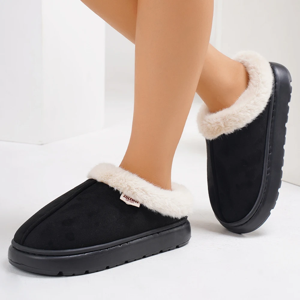 Comwarm Platform Fluffy Slippers Women Fashion Fuzzy Slippers House Plush Winter Women Shoes Home Cotton Shoes Large Size