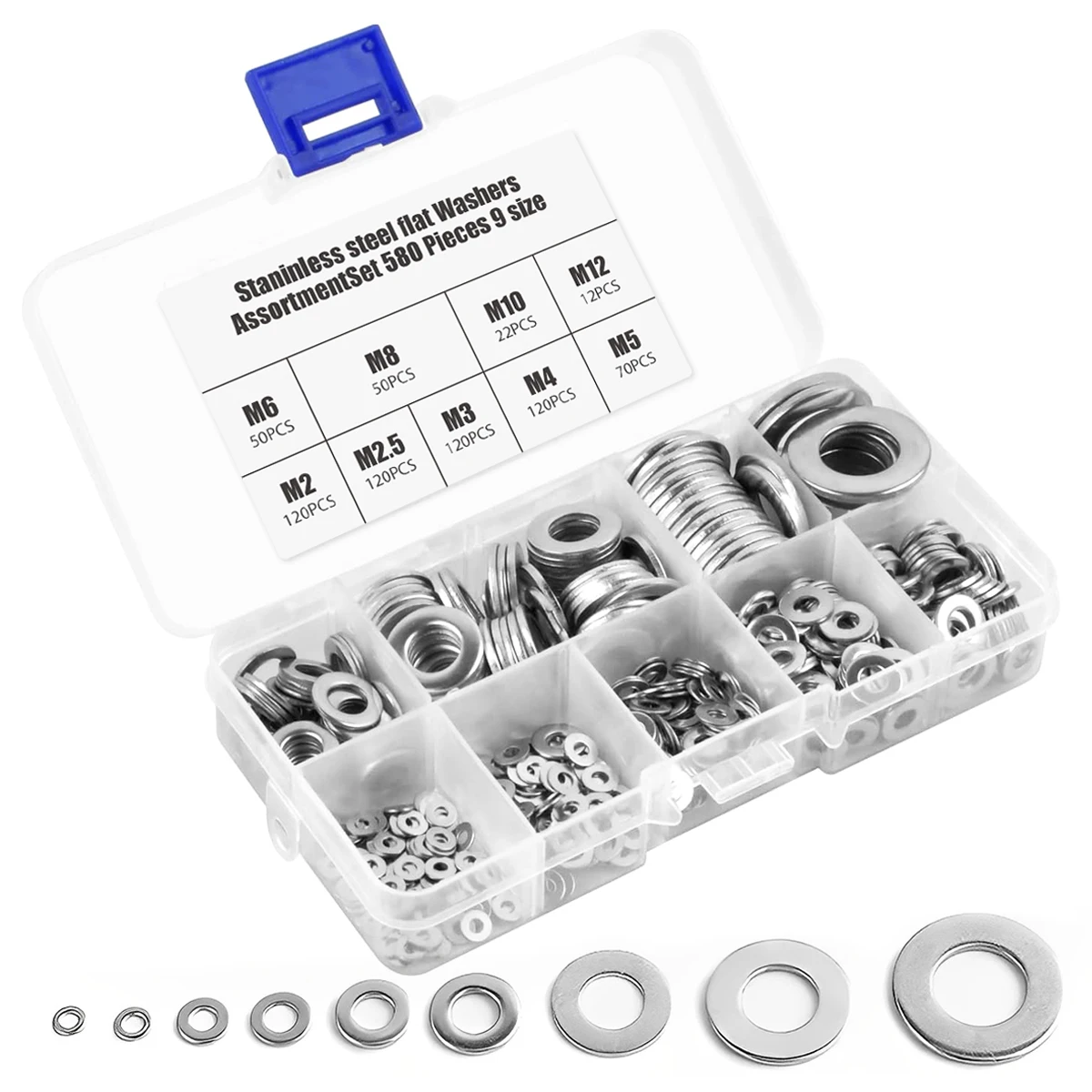 

684Pcs Flat Washer Stainless Steel Washers Assorted M2 M2.5 M3 M4 M5 M6 M8 M10 M12 Metal Washers O-rings Washers Kit 9 Sizes