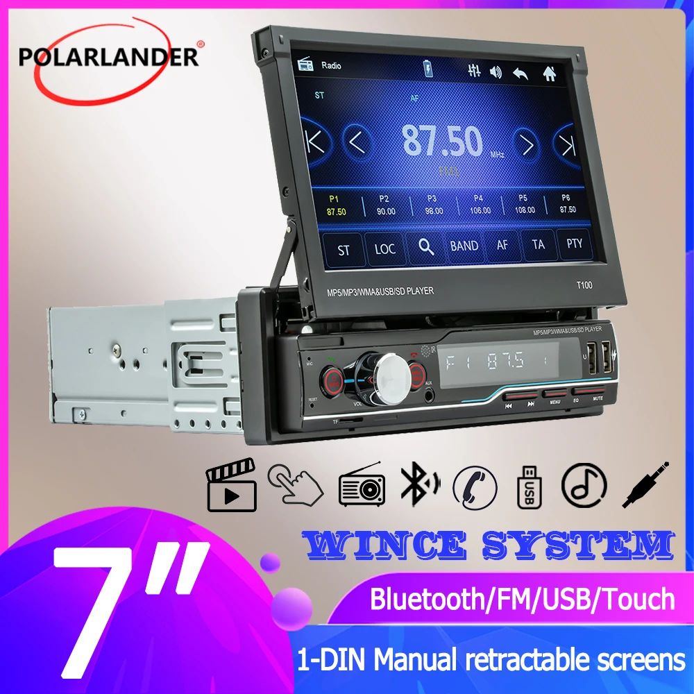 

Car Multimedia MP5 Player Dual USB FM Bluetooth Stereo Receiver Wince T100 RDS for Universal Manual Retractable Screen 1 DIN 7''