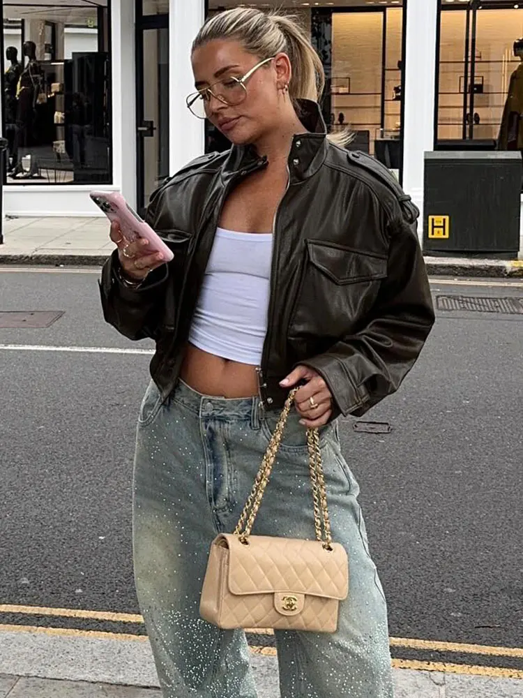 HH Women Vintage Solid Faux Leather Jacket Turtleneck Long Sleeve Zipper Pu Leather Jackets Coats With Pocket Autumn Outerwear