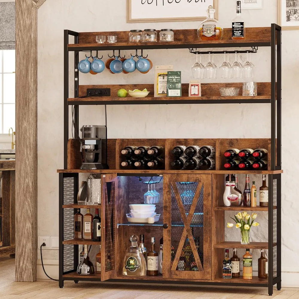IRONCK Coffee Bar Cabinet with Power Outlet, Industrial Buffet Cabinet with LED Strip and Glass Holder, 3-Tiers Liquor