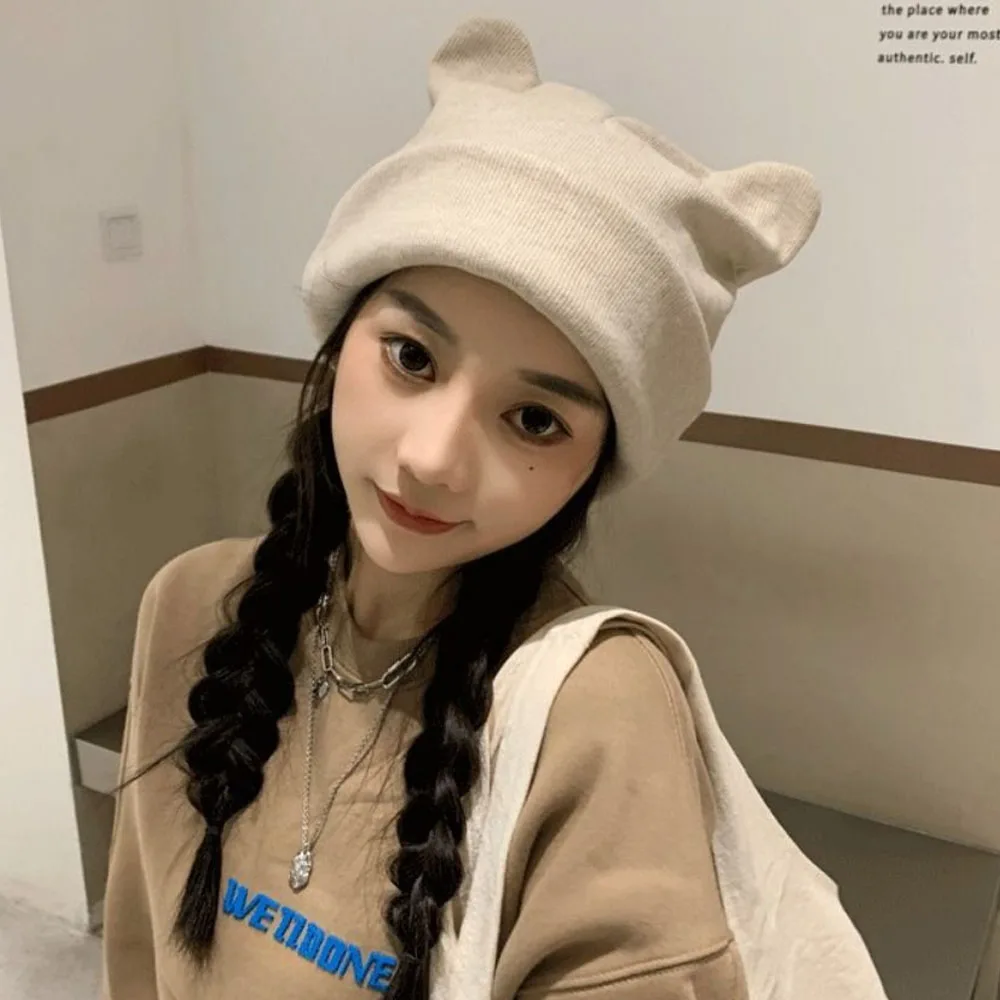 

Korea Cute Cat Ears Pointed Knit Cap Autumn and Winter Warm Knitted Beanie Hat Ins Fashion Outdoor Warmer Pullover Hats Womens