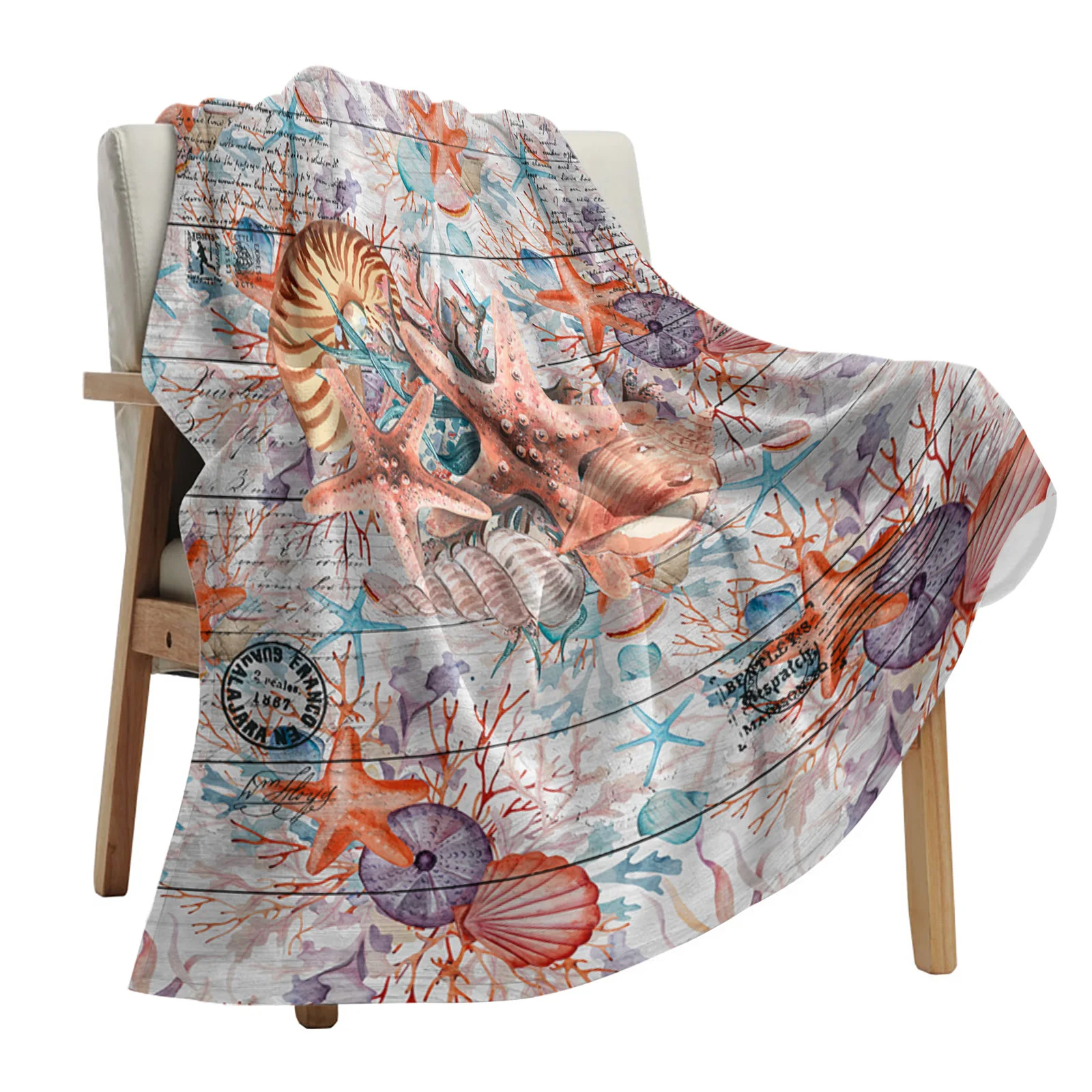 

Marine Vintage Wood Panel Starfish Shells Throws Blankets for Sofa Bed Winter Soft Plush Warm Sofa Throw Blanket Holiday Gifts
