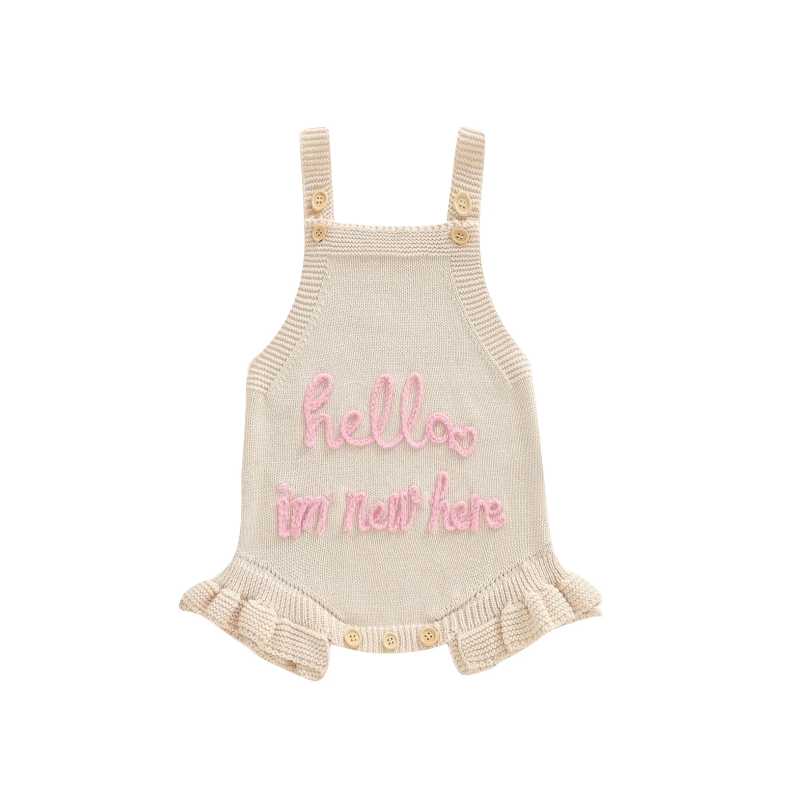  여아 봄 여름 니트 점프수트 민소매 러플 트림 레터 자수 롬퍼