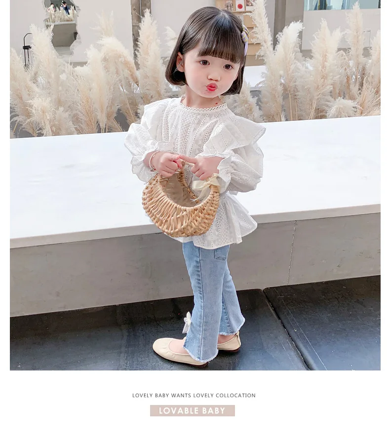

Autumn New Fashion Girl's Two Piece Lace Top Plus Denim Flare Pants Set Baby Girl Outfit Set Girl Clothes