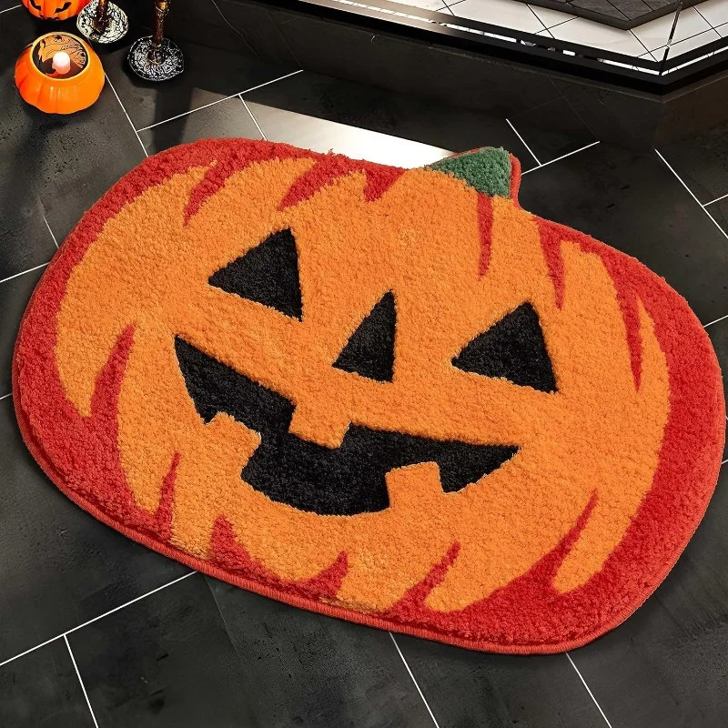 Halloween Pumpkin Bath Mat-Non-Slip, Washable & Absorbent Rug For Shower, Tub, And Home Decor-Cute Orange Fall Accent