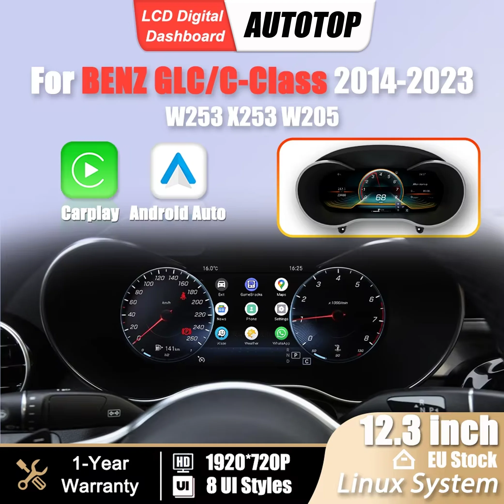 Panel de Instrumentos Digital LCD Linux de 12.3 Pulgadas para Mercedes Benz GLC Clase C W253 X253 W205 2014-2023, Carplay Inalámbrico, Android Auto, Cabina Virtual 1