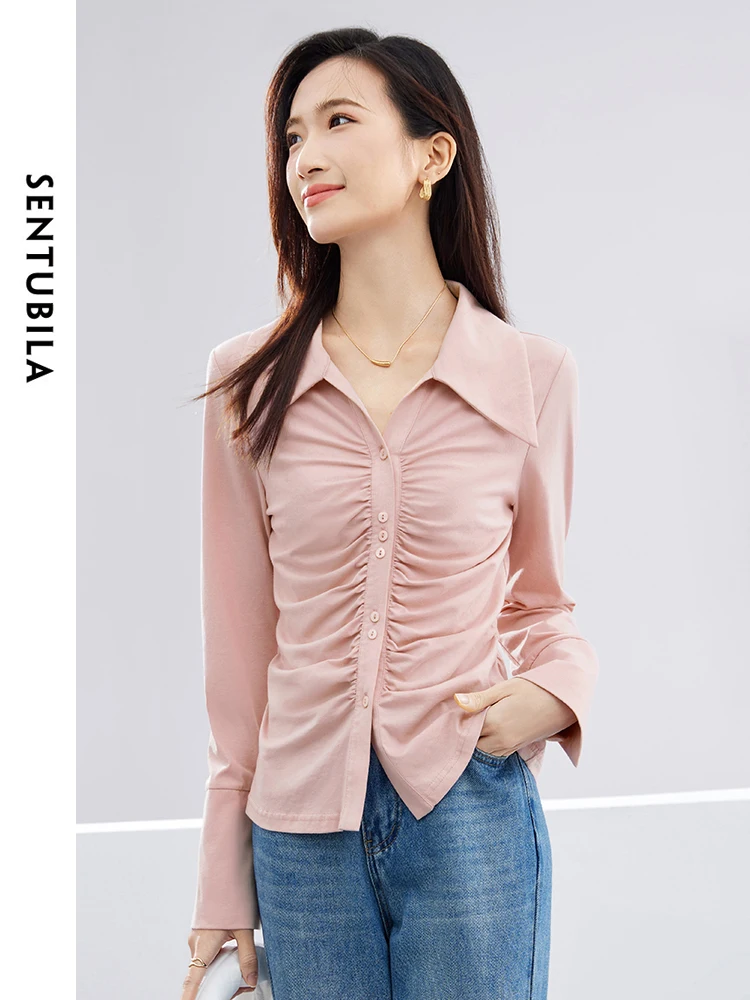 

Sentubila Korean Cotton 100% Pink Knitted Cardigan Women 2024 Spring Lapel Single Breasted Simple Slim Long Sleeve Top 141H52381