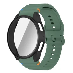 Silicone Band with Tempered Glass Screen Protector and Bumper Case for Galaxy Watch 7 44mm (Olive green black)
