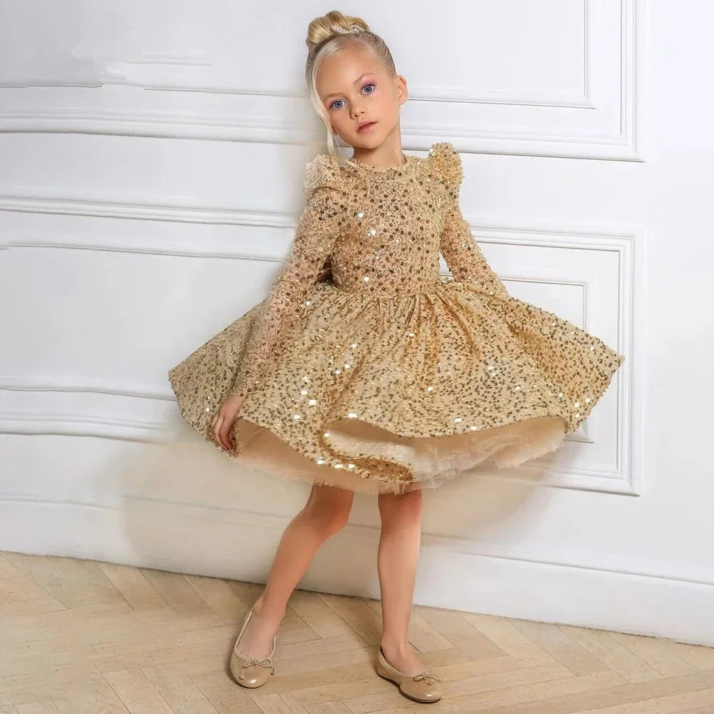 

Children Clothing Baby Girl Puffy Gauze Dresses Birthday Elegant Princess Prom Dress for Kids Gold Sequin Long Sleeve Ball Gown