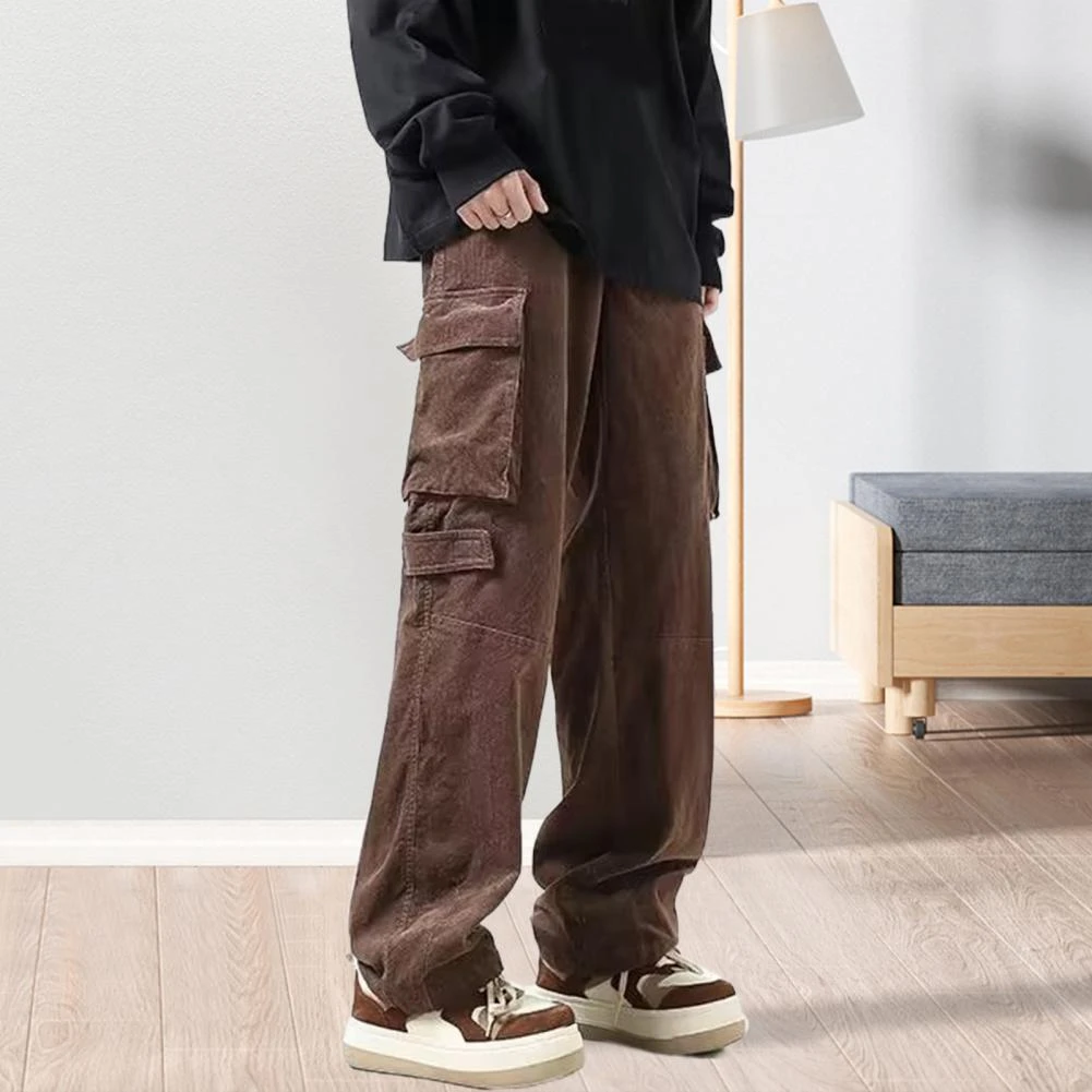 Men Trousers Low Rise Wide Leg Men Cargo Pants Vintage Multiple Large Pockets Pants Casual Solid Color Loose Men Pants For Daily