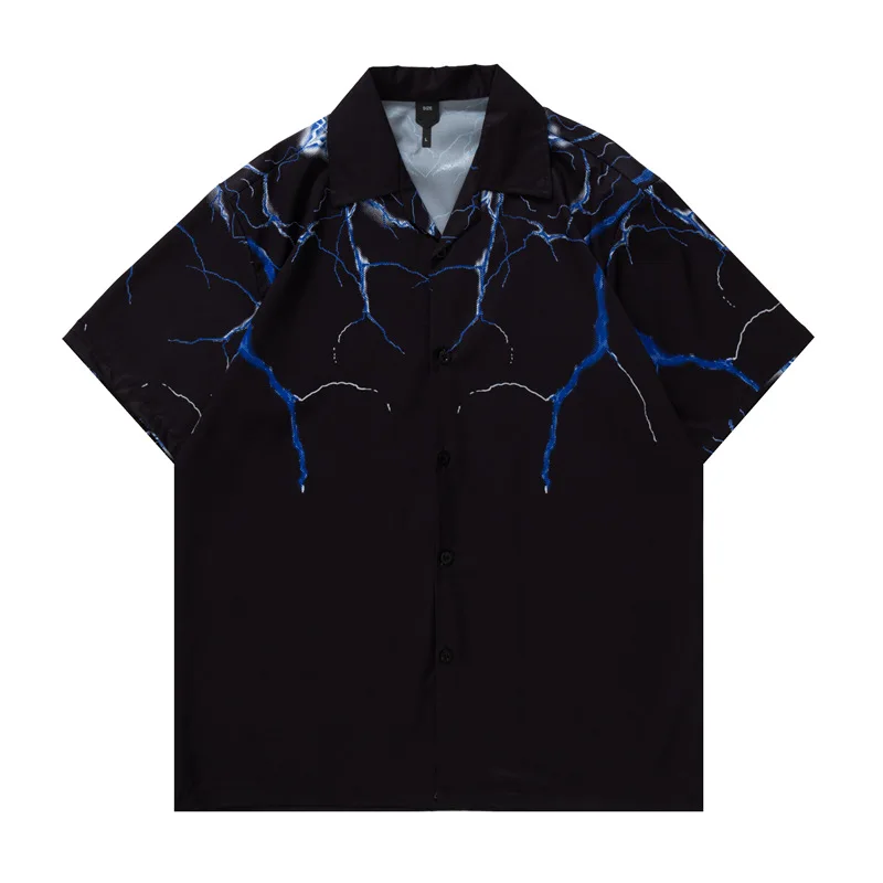 

Black Vintage Lightning Print Shirt New Summer Y2K Men Hawaiian Short Sleeve Shirt Mens Casual Beach Shirts Man Oversized Tops