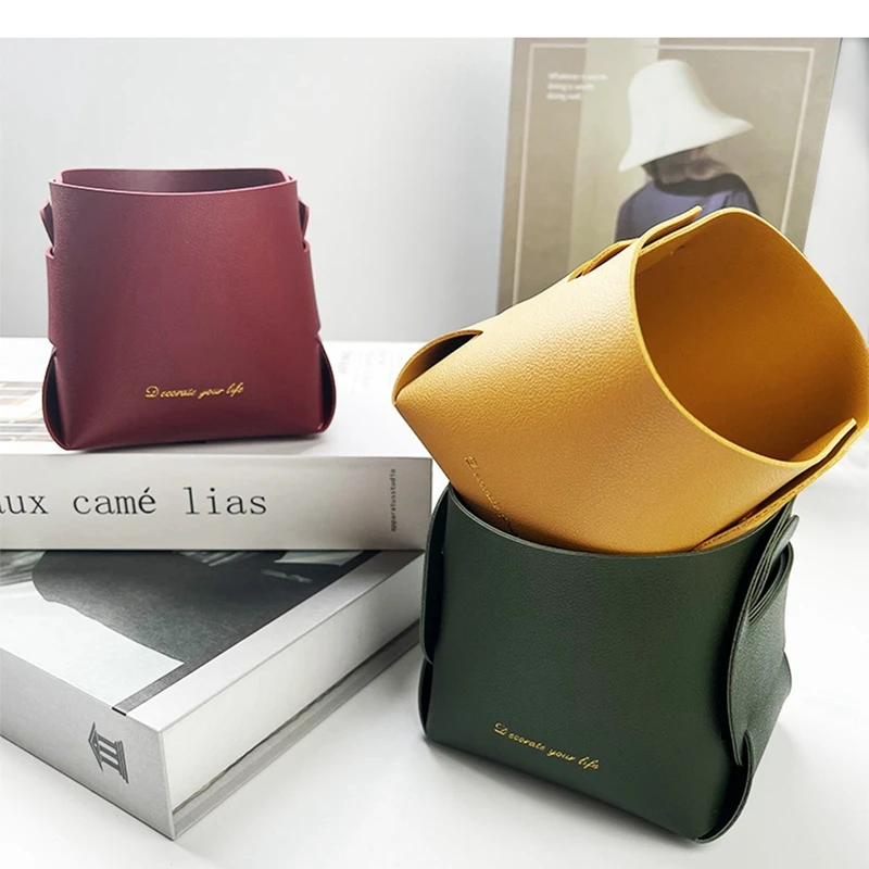 Folding Desktop Leather Storage Box Nordic PU Storage Tray Porch Key Control Sundry Basket Pen Holder Makeup Organizer