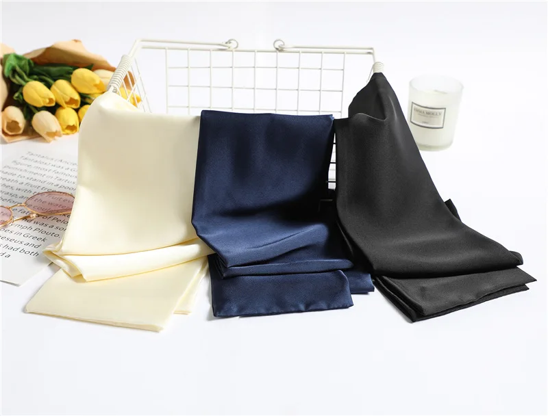 Sfb11614d5a7c4e6893bd3497b05412011 Solid Color Neckerchief Long Hair Scarves Female Silk Satin Neck Scarf For Women 14x145CM Fashion Headbands Plain Bag Scarf Mallzona