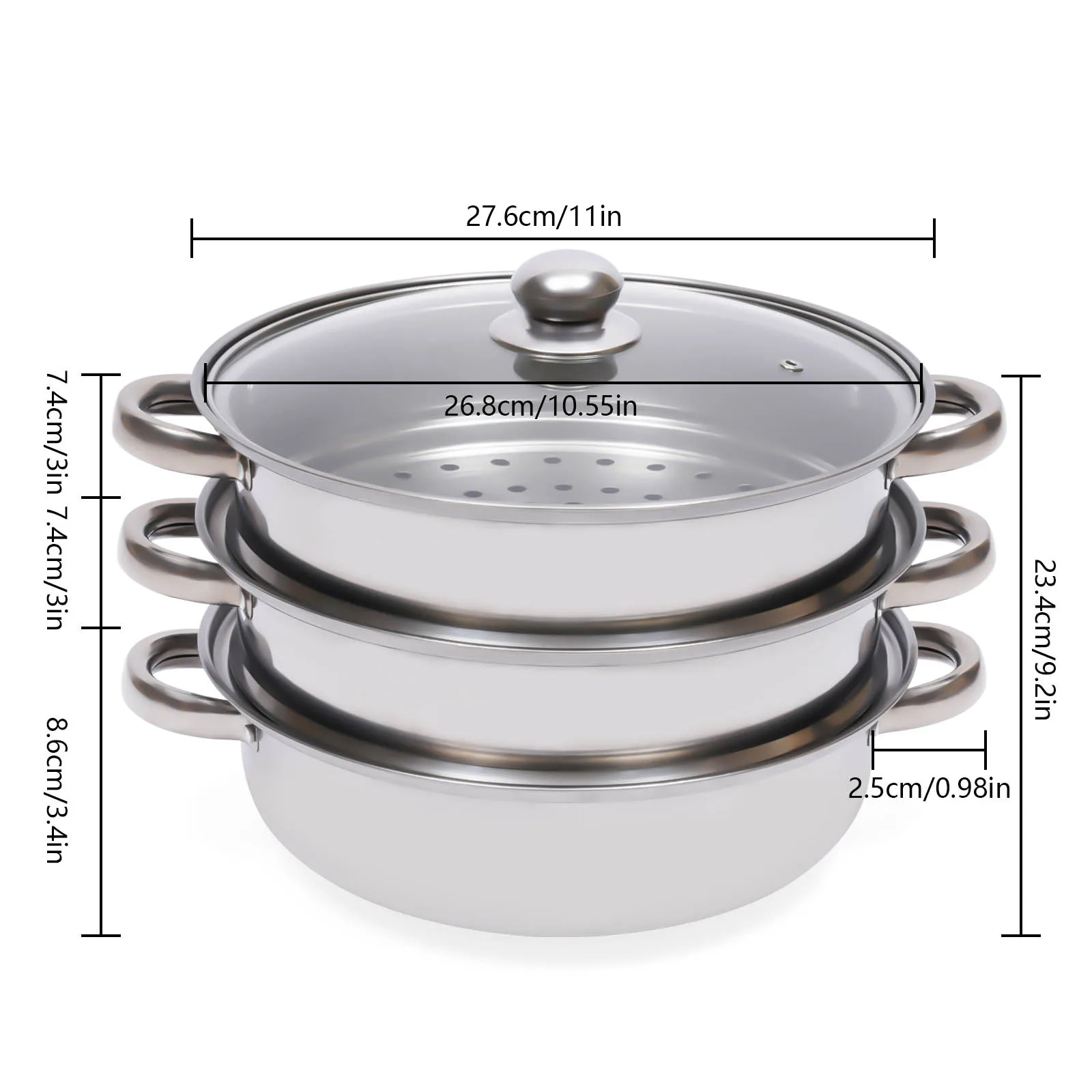 11" 3 Tier Large Stainless Steel Steaming Cooker Steamer Pot Sets with Glass Lid steaming cooker set