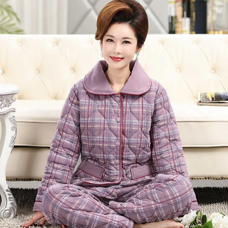 2024 New Middle Aged Mother's Cotton Pajamas Women's Winter Three-layer Thickened Sleepwear Cotton Set Large Size Warm Homewear