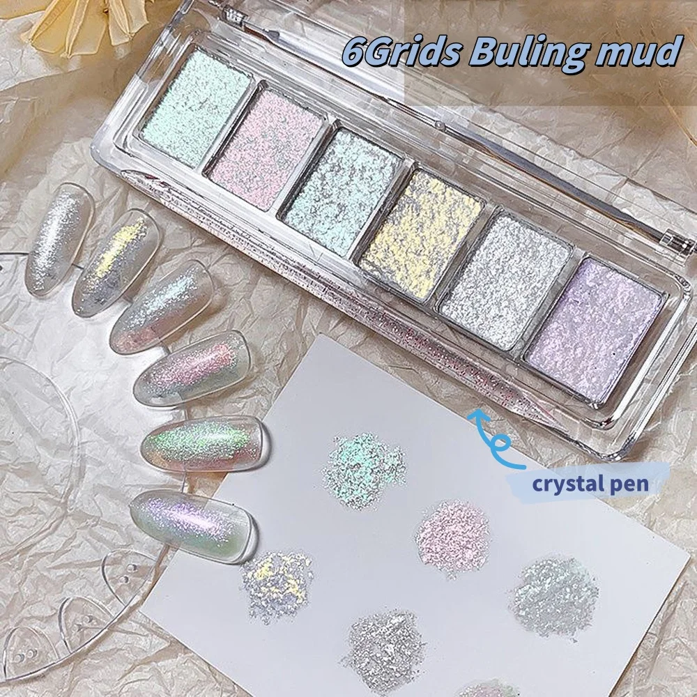 Solid Aurora Powder Palette for Nail Art Shimmering Pigment Opal Chrome Powder High Flash Rubbing Dust Manicure Supplies 6 Grids