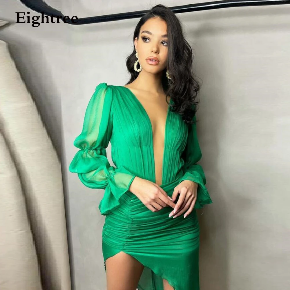 2022 Green Long Sleeves Mini Evening Dresses Deep V Neck Simple Vestidos de festa Formal Night Gowns Prom Party Dress evening gowns