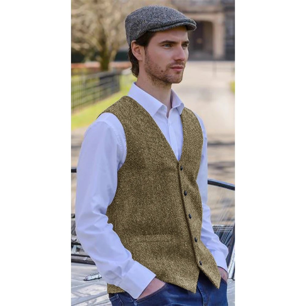 Men Sleeveless Jacket Dress Vest Men's Herringbone Tweed Suit Waistcoat Male Elegant Single Breasted Suit Vests Retro Steampunk
