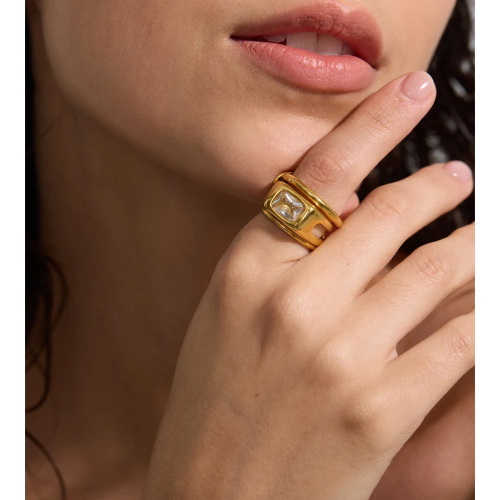 Yhpup Stainless Steel 3 Layered Finger Stacked Ring Zirconia Jewelry