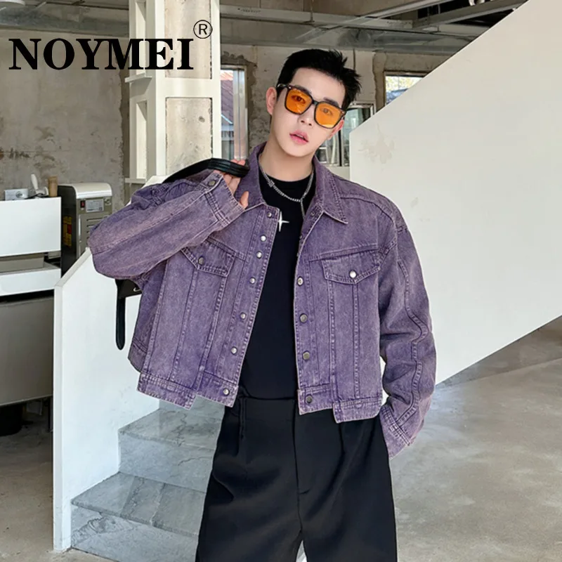 

NOYMEI Purple Turn-down Short Denim Jacket Fashionable 2024 Spring New Men's Trendy Niche Design Washed Irregularity Coat WA4069