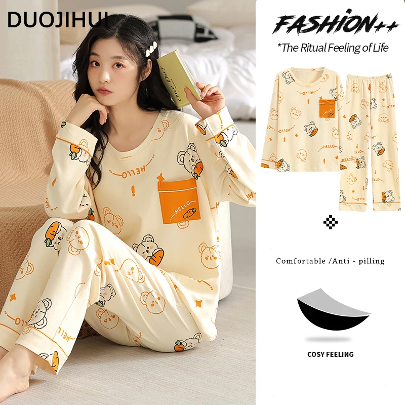

DUOJIHUI Two Piece Chic Pocket Casual Pajamas for Women New with Chest Pad Pullover Loose Pant Simple Printed Female Pajamas Set