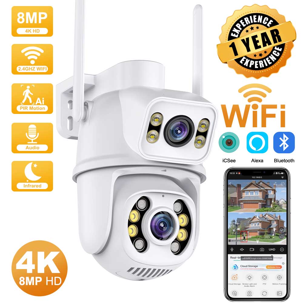 8MP WiFi Camera PTZ Dual Screens Auto Tracking Night Vision CCTV Surveillance Camera Outdoor 4MP Security IP Camera icsee