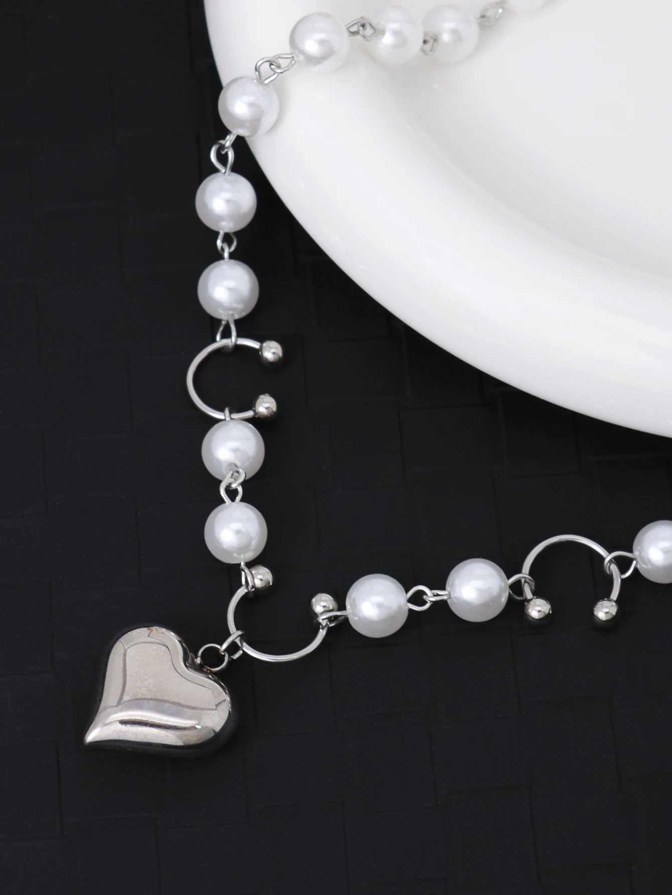 Womens Heart Charm Necklace with Pearl Accents