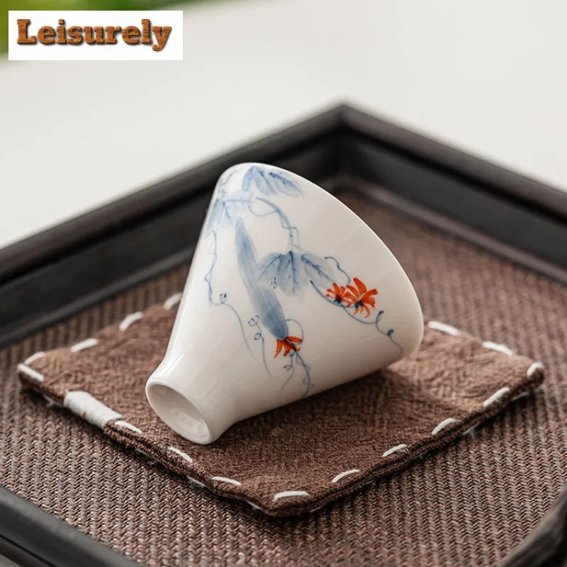 2pc/set Hand-painted Loofah Teacup Dehua White Porcelain Bamboo Hat Cup Master Single Cup Chazhan Kung Fu Teaset Drinking 50ml